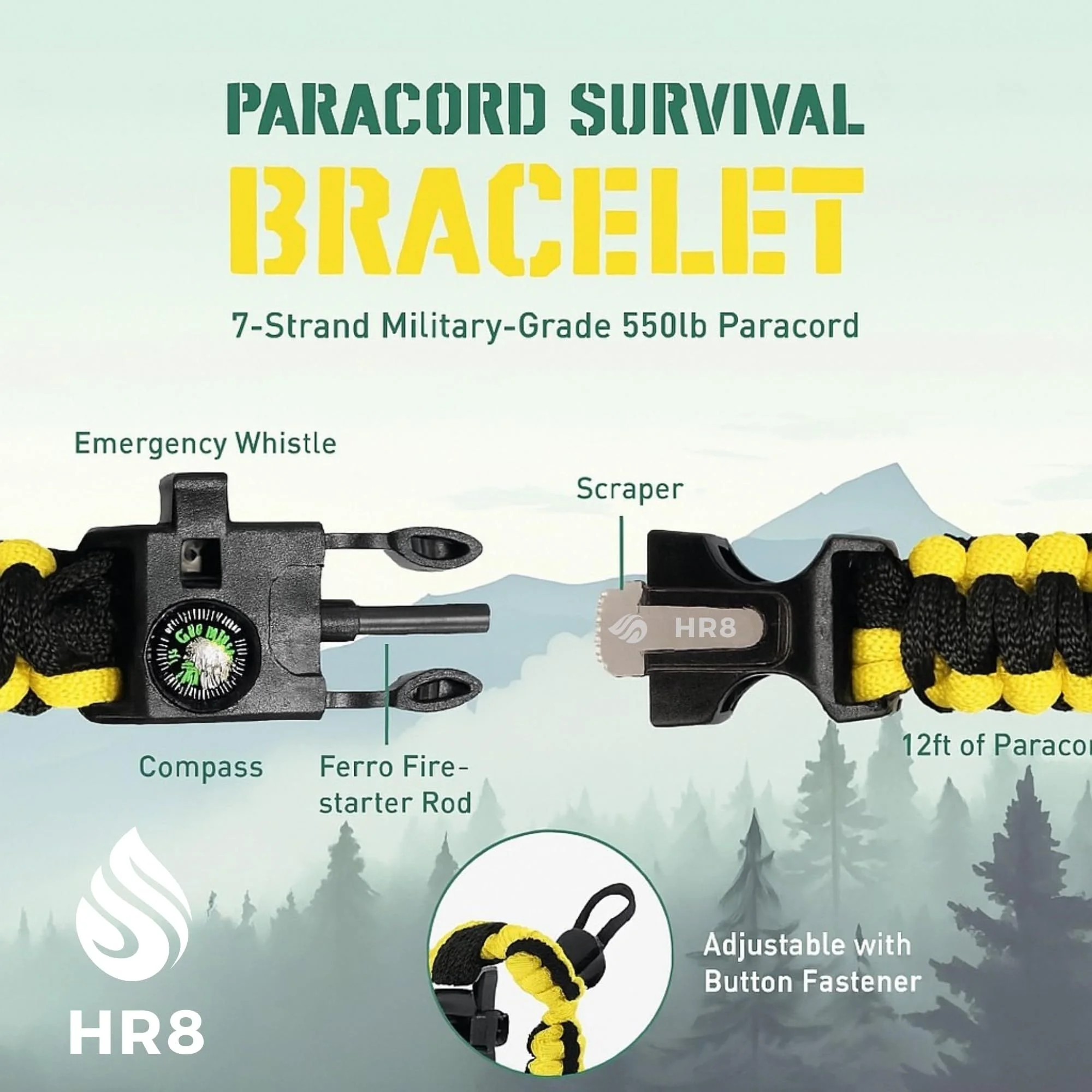 HR8 button-snap fastener close-up showing branded buckle and fire starter