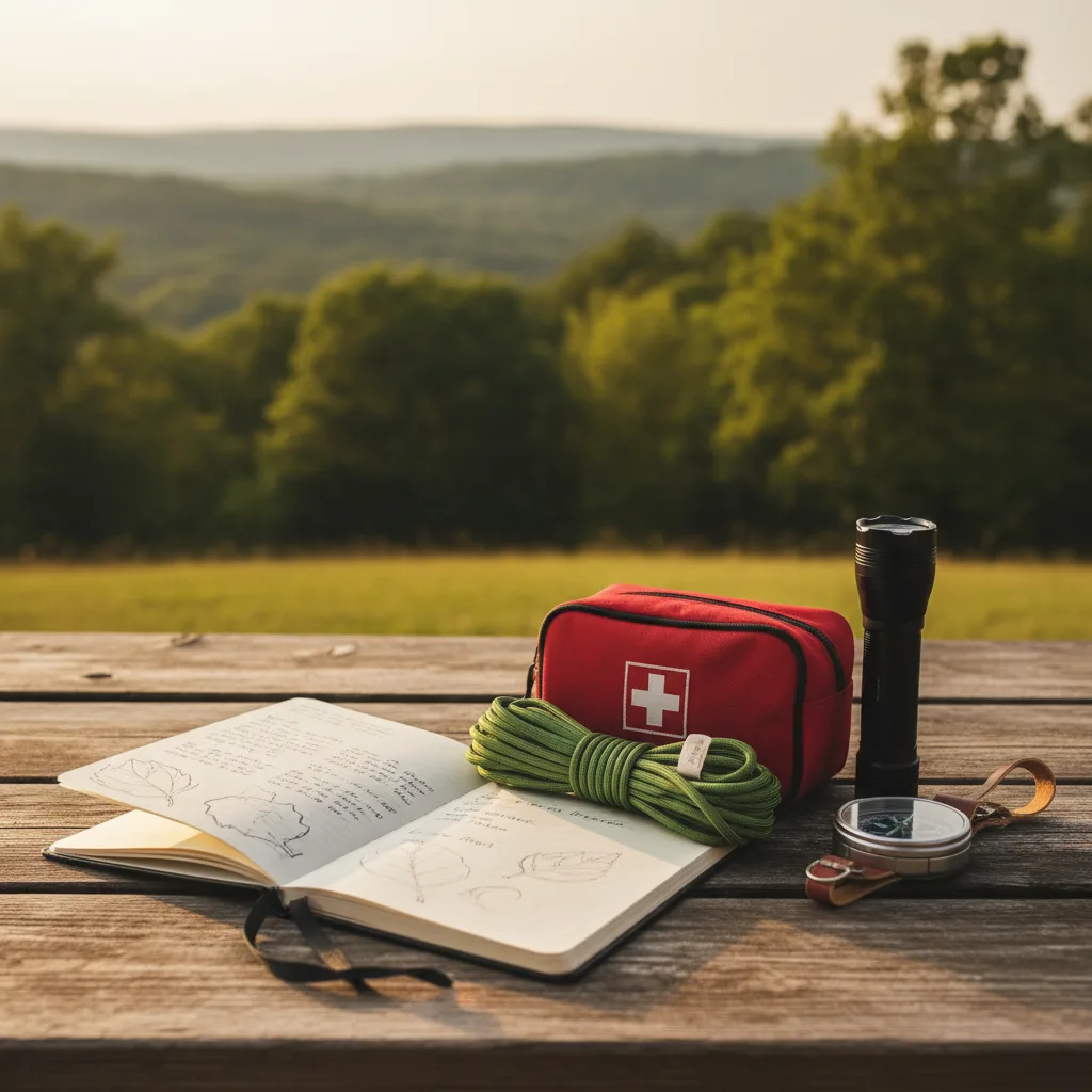 Essential survival gear laid out for beginners